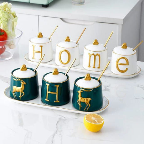 Luxurious Sugar/Spice Dish Set – 4 Jars with Tray and Gold Spoons