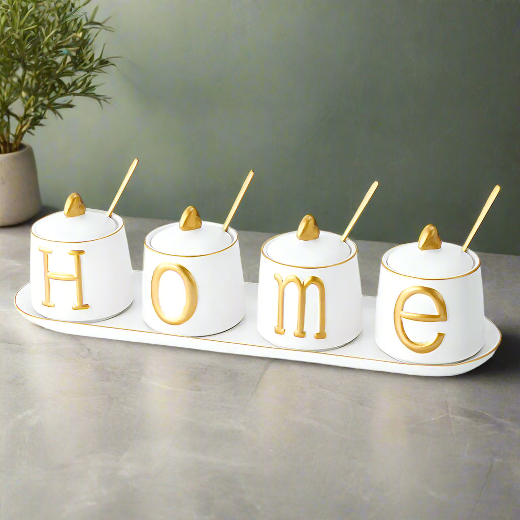 Luxurious Sugar/Spice Dish Set – 4 Jars with Tray and Gold Spoons