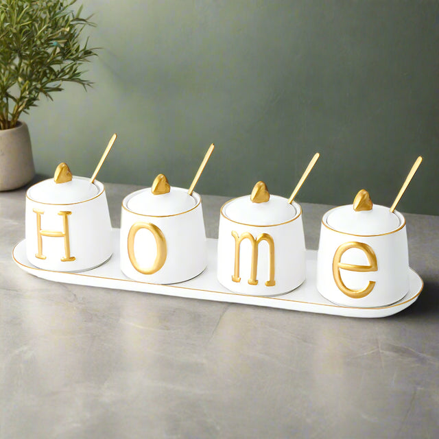 Luxurious Sugar/Spice Dish Set – 4 Jars with Tray and Gold Spoons