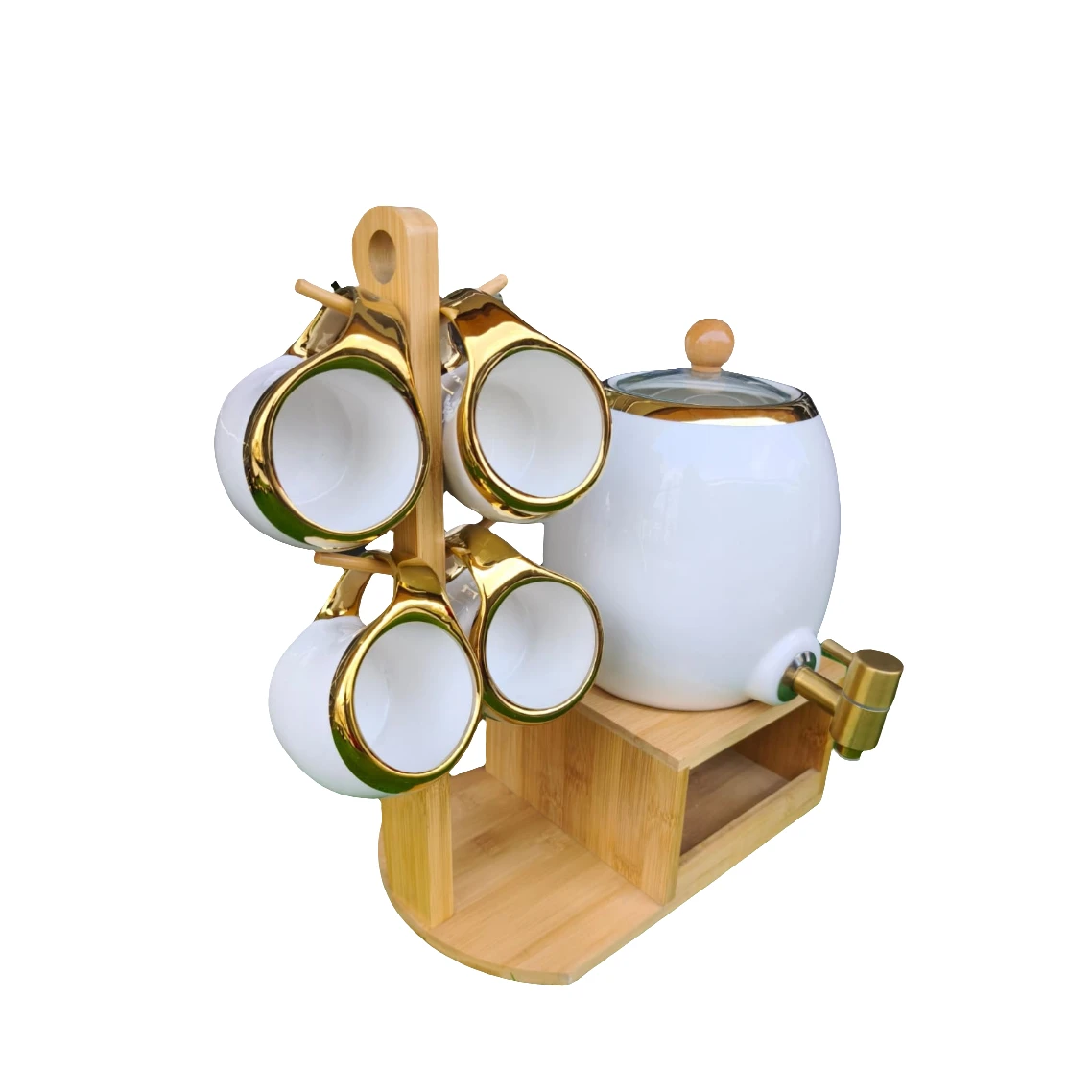 Luxurious Tea Set with Bamboo Holder, Bamboo Tray, 6 Cups and Kettle with Tap Drinkware Tea Sets