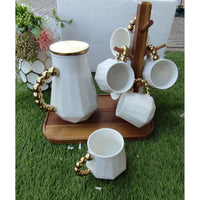 Luxurious Tea Set with Golden Handle, Bamboo Holder and Tray – 6 Cups + 1 Kettle Drinkware Tea Sets