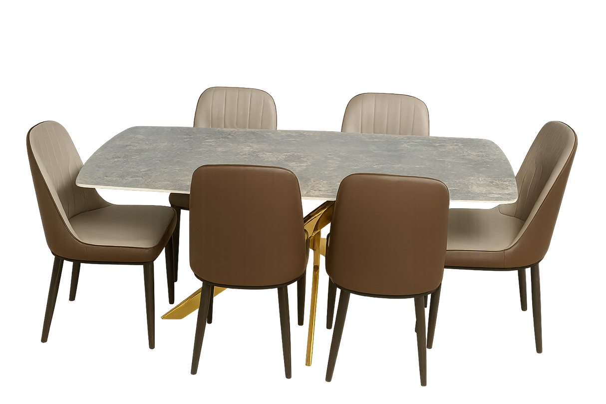 Luxury 6-Seater Marble Top Dining Table with Gold Cross Legs and Upholstered Chairs