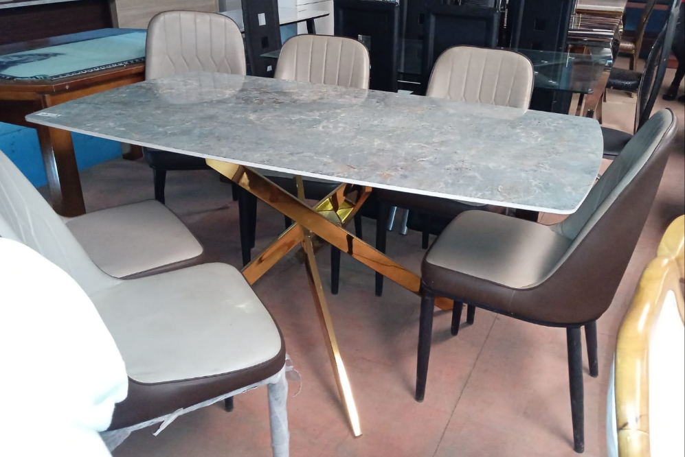 Luxury 6-Seater Marble Top Dining Table with Gold Cross Legs and Upholstered Chairs