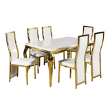 Luxury 6-Seater White Marble Dining Table Set Gold Frame with Cream High Back Chairs