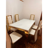Luxury 6-Seater White Marble Dining Table Set Gold Frame with Cream High Back Chairs