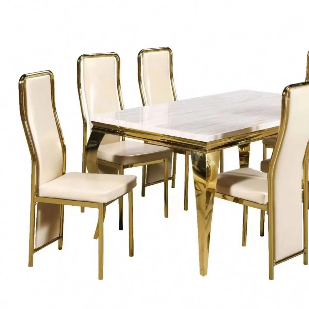 Luxury 6-Seater White Marble Dining Table Set Gold Frame with Cream High Back Chairs