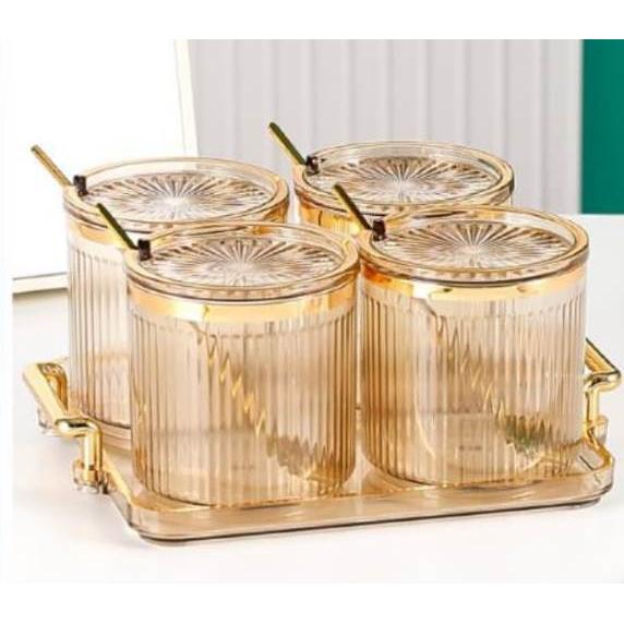 Luxury Acrylic Seasoning Set | Includes 4 Jars, Tray, and Spoons | Gold, Clear, Black