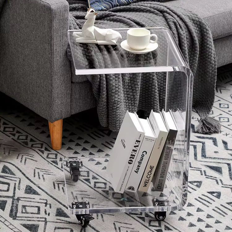 Luxury C Shaped Clear Acrylic Side Table with Wheels 33x38x58cm for Bedside or Living Room Use