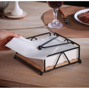 Luxury Metallic Serviette Holder Black & Gold Frame with Bamboo Napkin Base Napkin Holders