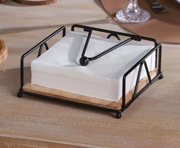 Luxury Metallic Serviette Holder Black & Gold Frame with Bamboo Napkin Base