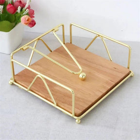 Luxury Metallic Serviette Holder with Bamboo Base 18×18×6.8cm Tableware Napkin Holders