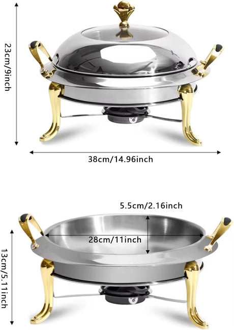 Luxury Stainless Steel Round Chafing Dish – 4L Buffet Food Warmer with Gold Handles & Legs