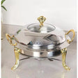 Luxury Stainless Steel Round Chafing Dish – 4L Buffet Food Warmer with Gold Handles & Legs