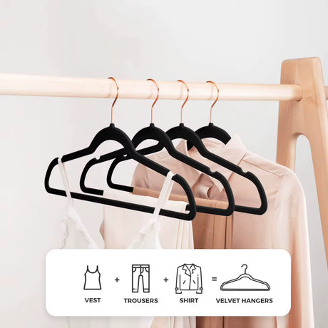 Luxury Velvet Anti-Slip Hangers – 10pcs | Premium Rose Gold Hook | Black or White