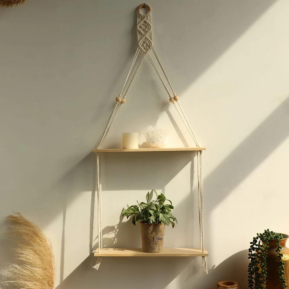 Macrame Hanging Floating Shelf Wall Décor – 2 Tier Decor Floating Wall Shelves & Ledges