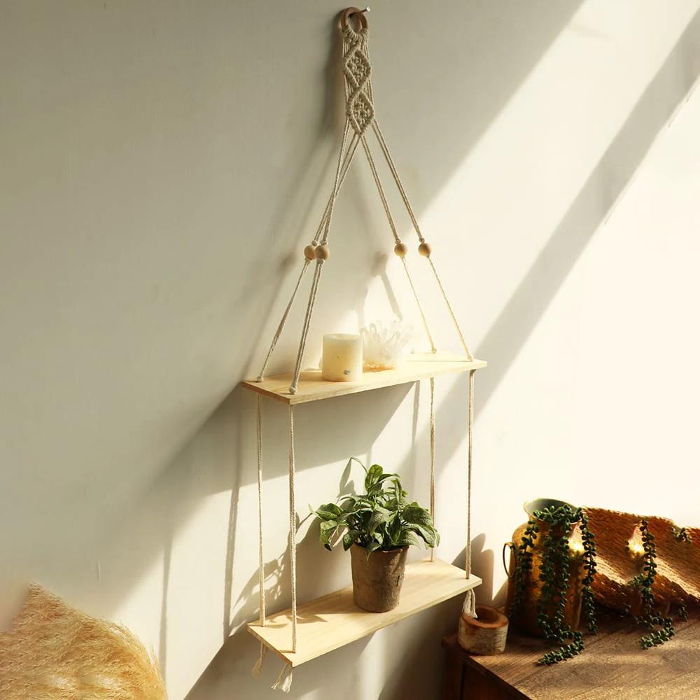 Macrame Hanging Floating Shelf Wall Décor – 2 Tier Decor Floating Wall Shelves & Ledges