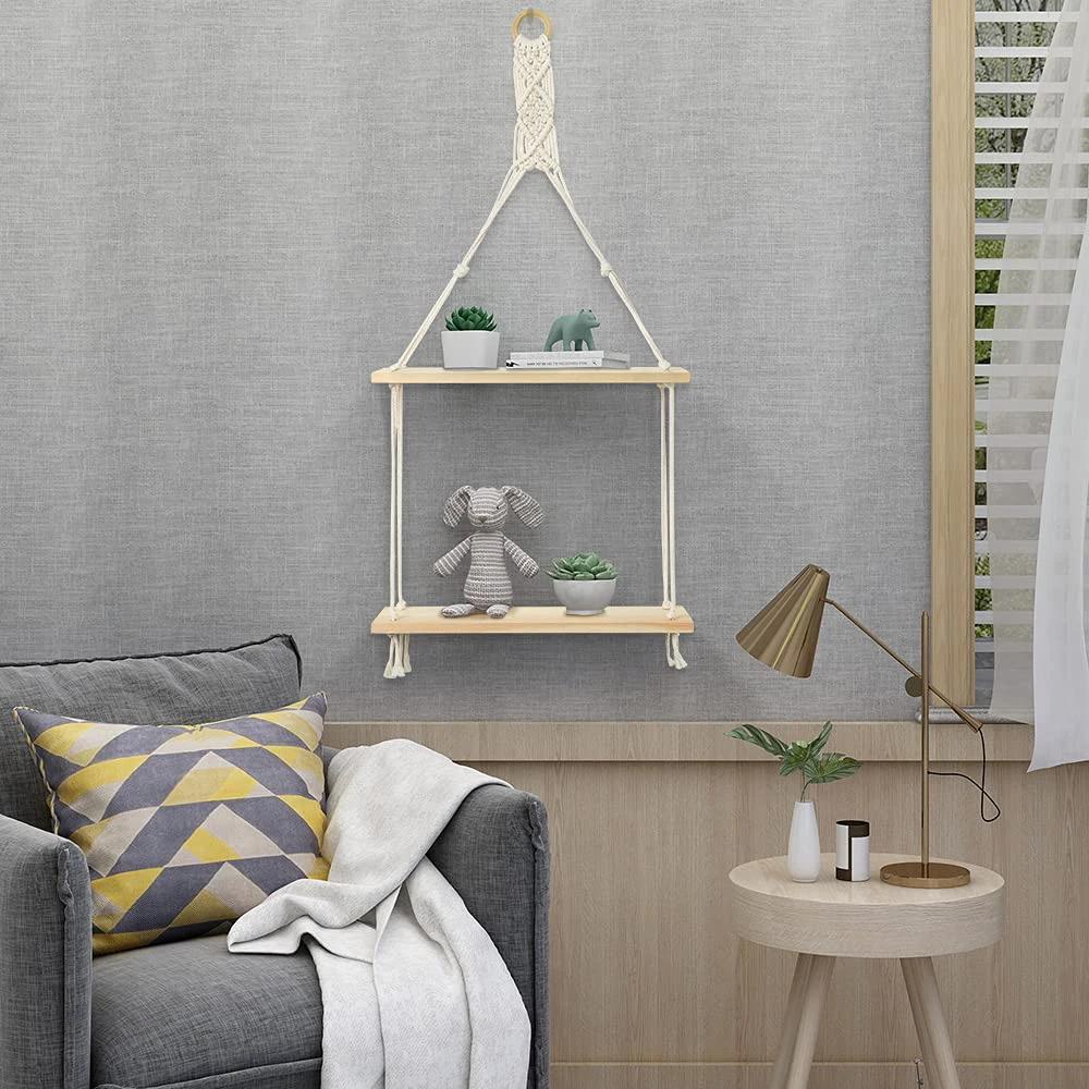 Macrame Hanging Floating Shelf Wall Décor – 2 Tier Decor Floating Wall Shelves & Ledges