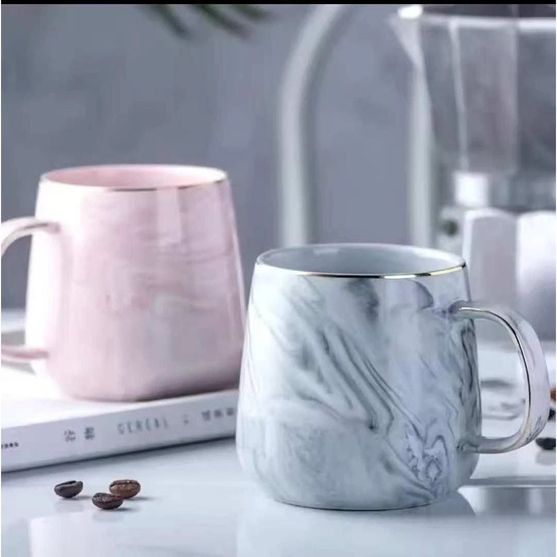 Marble Effect Ceramic Pearl Cups with Golden Rim – 400ml, Grey and Pink kitchen and dinning Kitchen & Dining