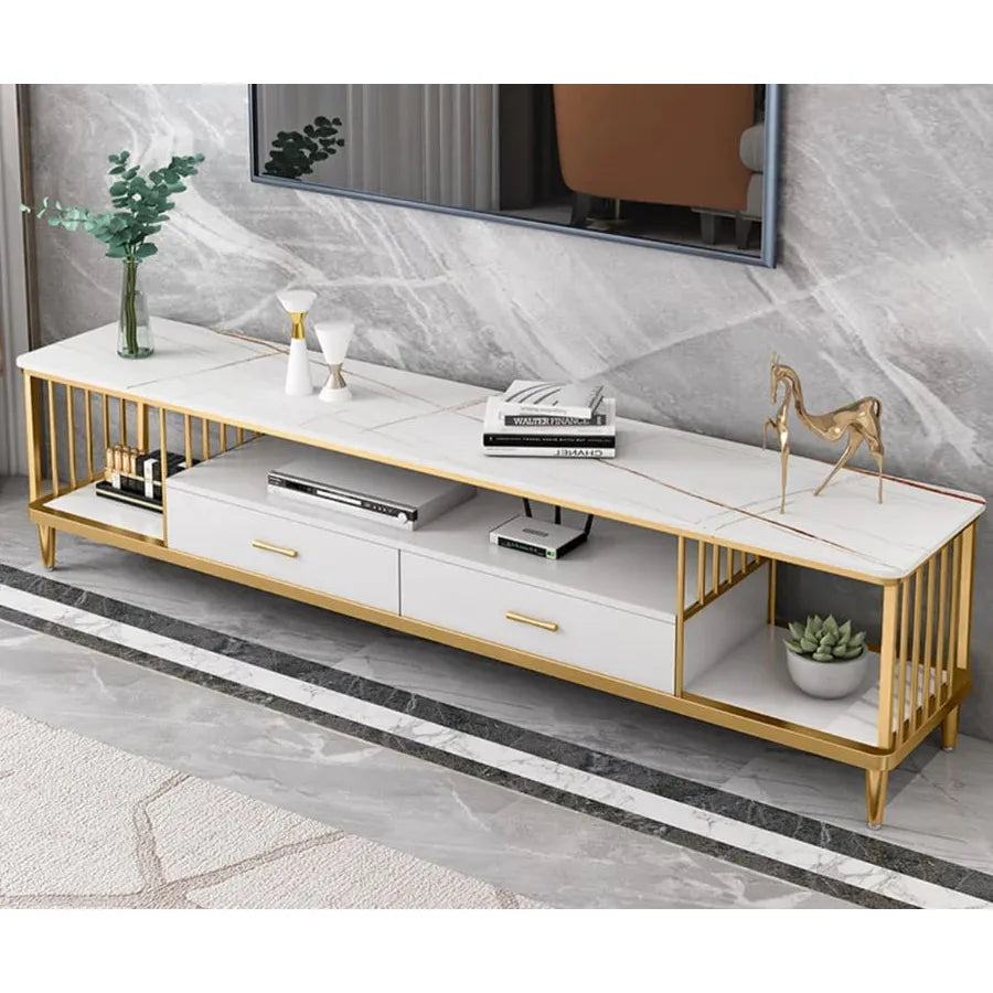 Marble Effect Wooden TV Stand | Modern White TV Cabinet 140cm x 30cm