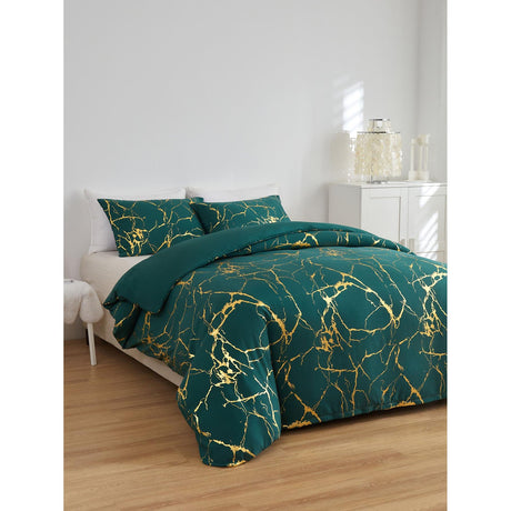 Marble Printed 3 Piece Luxury Microfiber Down Comforter Quilt cover set | Zipper Closure Duvet Cover & 2 Pillowcases | Premium Cotton | Gold Marble Texture | Black and Green