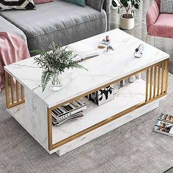 Marble Textured Coffee Table with Double Layer Storage 100×50×40cm