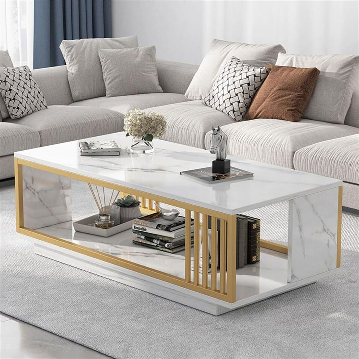 Marble Textured Coffee Table with Double Layer Storage 100×50×40cm