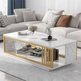 Marble Textured Coffee Table with Double Layer Storage 100×50×40cm