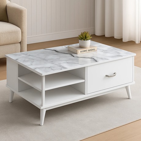 Marble Top TV Stand Modern Low Profile Media Console with Drawers & Open Shelves Furniture