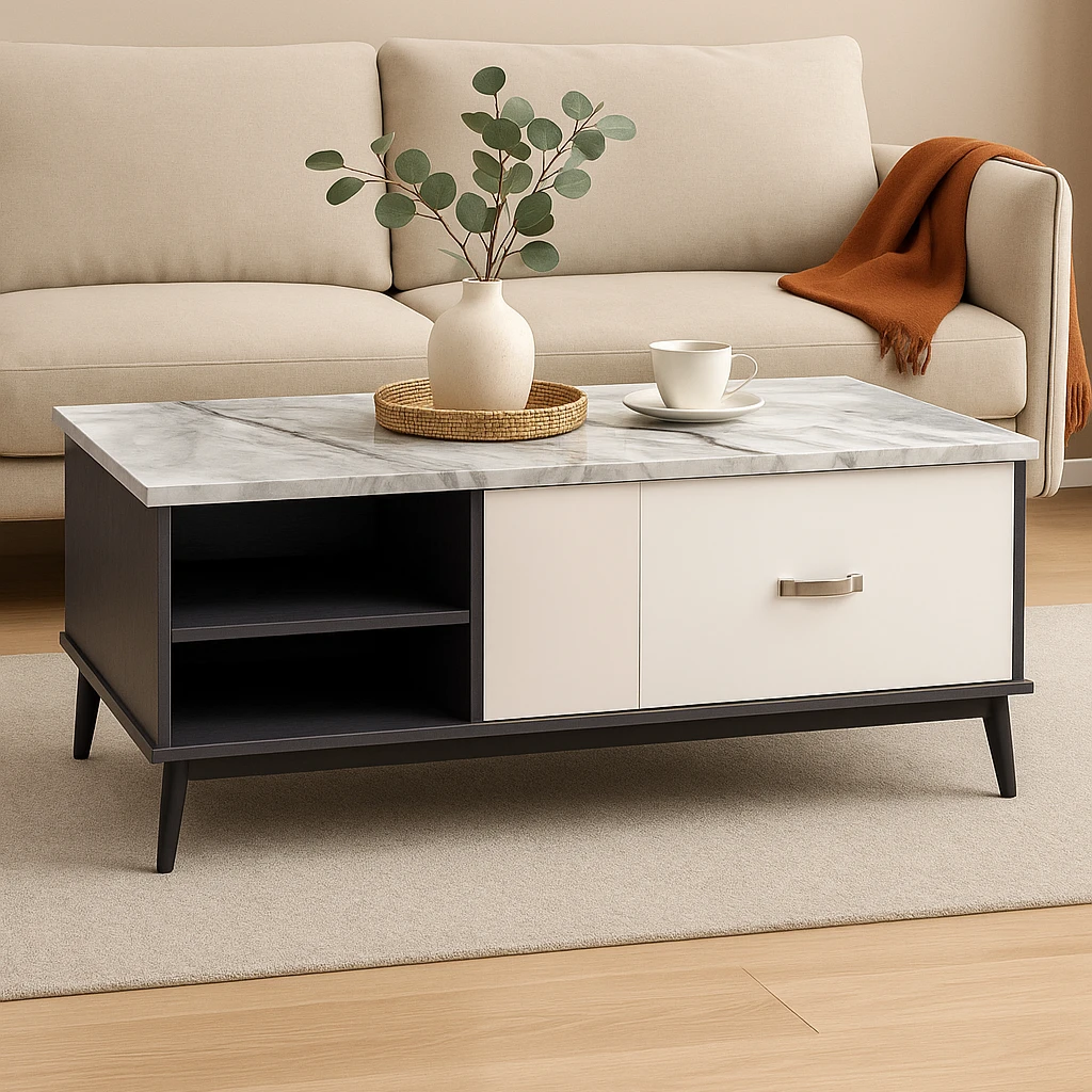 Marble Top TV Stand Modern Low Profile Media Console with Drawers & Open Shelves Furniture