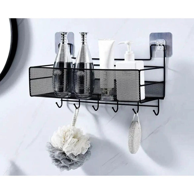Mesh Bathroom Rack with hooks and self adhesive stickers,No drilling of Wall,Bathroom Organizer Rack,Rust Free, Waterproof Easy Clean, Bathroom Wall Decor, Black Bathroom Storage Uncategorized