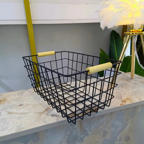 Metal Wire Storage Basket with Handle Wrought Iron Art Fruit Vegetable Snacks Bathroom & Kitchen Holder (Black & White)