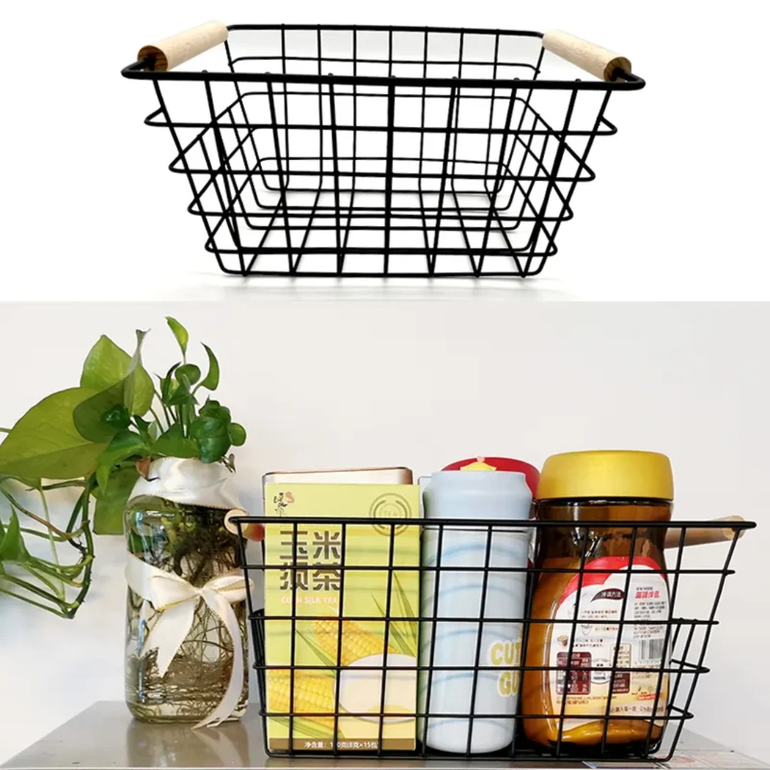 Metal Wire Storage Basket with Handle Wrought Iron Art Organizer for Fruits, Snacks & Sundries Versatile Storage for Kitchen, Bathroom.