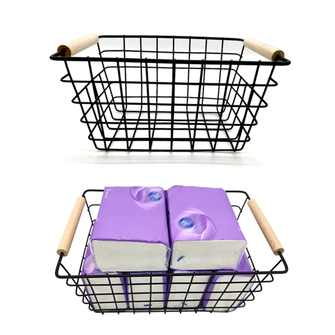Metal Wire Storage Basket with Handle Wrought Iron Art Organizer for Fruits, Snacks & Sundries Versatile Storage for Kitchen, Bathroom.