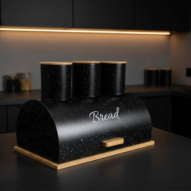 Metallic Bread Bin Box with Wooden Base Available in Black or White food storage Bread Boxes & Bags