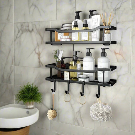 Metallic Multipurpose Rustproof 2pcs Shower Caddy No Drill, Strong Adhesive For Tiles, Marble, Wood, Metal, Glass. Bathroom Storage Bathroom Accessory Sets