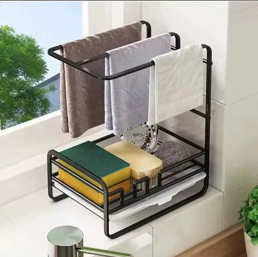 Metallic Sink Caddy with Draining Tray – Adhesive or Standalone Kitchen Organizer in Black Kitchen Racks Sink Caddies
