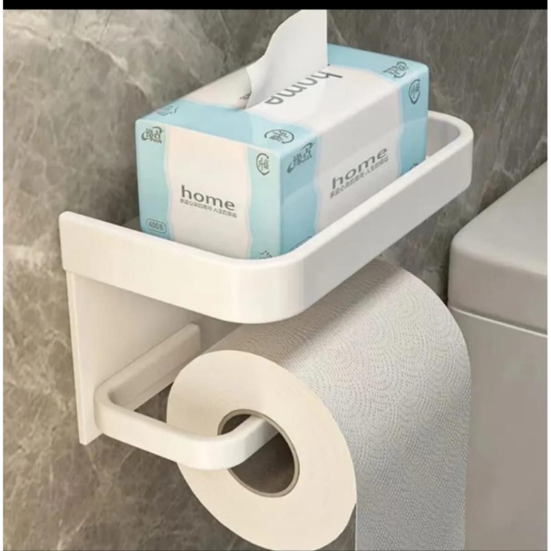 Metallic Tissue Holder,Wall Mount,With Surviette shelf, Phone Shelf,Key Shelf,Toilet Paper Roller,Rust Resistant,Self Adhesive Black,White