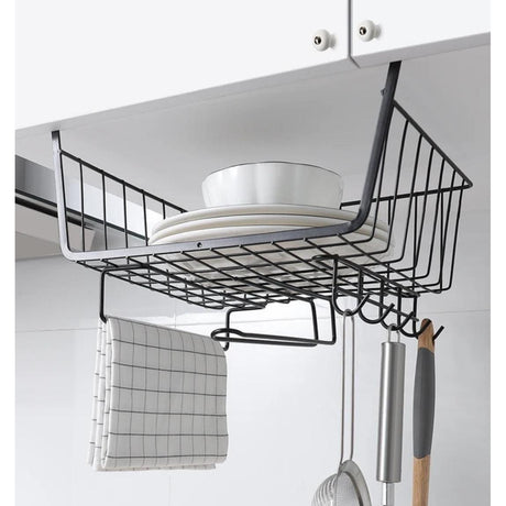 Metallic Under Shelf Rack with Hooks | 29x24.5x18.5cm Paper Towel Holder - Black or White