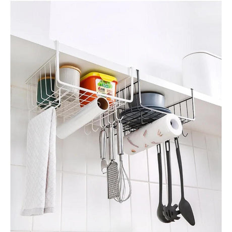 Metallic Under Shelf Rack with Hooks | 29x24.5x18.5cm Paper Towel Holder - Black or White