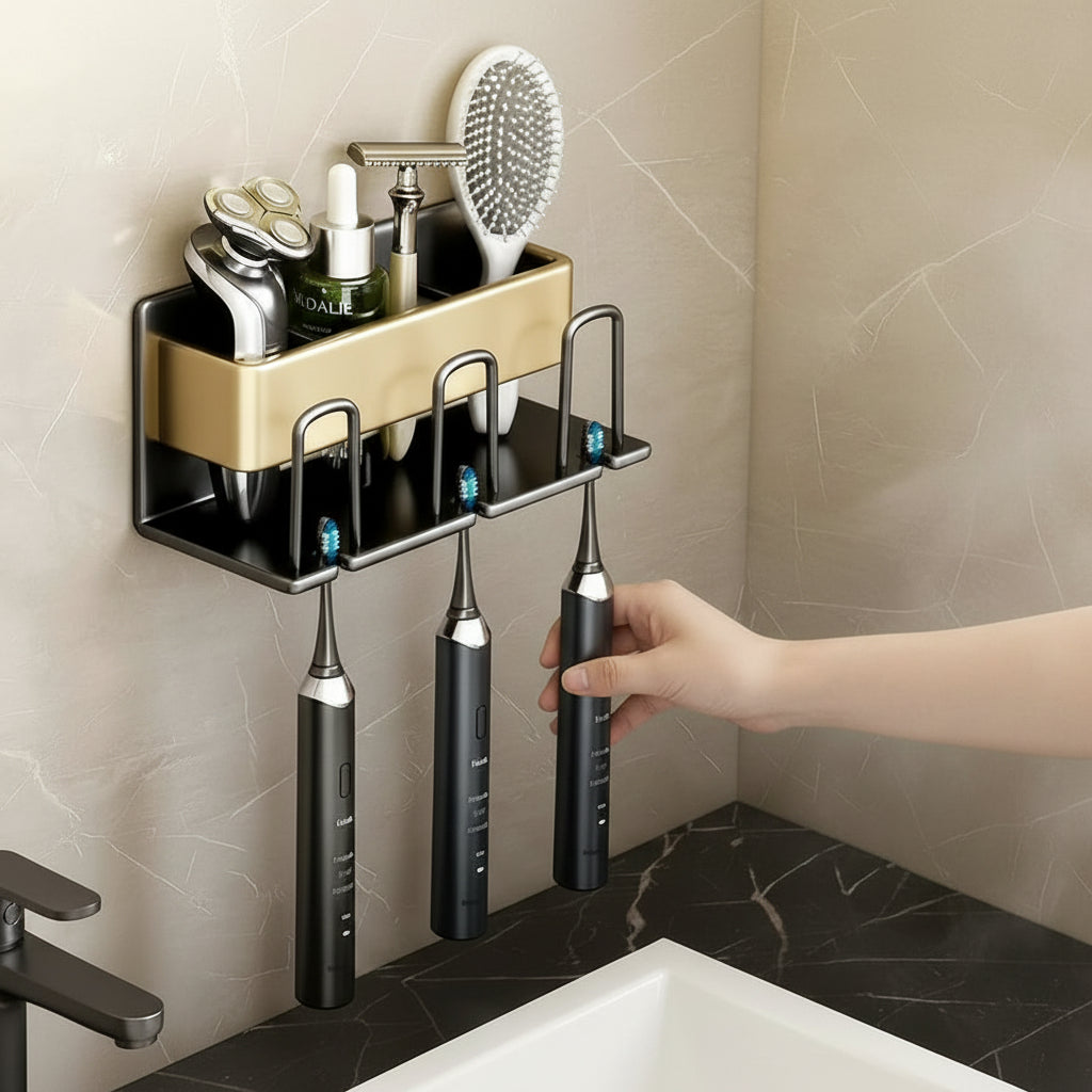 Metallic Wall-Mounted Toothbrush & Toothpaste Holder – Black Gold | Space-Saving Bathroom Organizer Toothbrush Holder Toothbrush Holders
