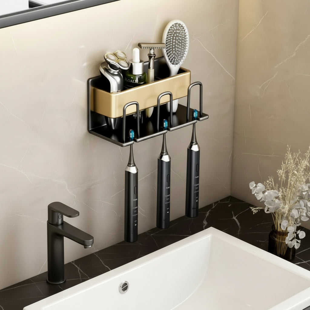 Metallic Wall-Mounted Toothbrush & Toothpaste Holder – Black Gold | Space-Saving Bathroom Organizer Toothbrush Holder Toothbrush Holders