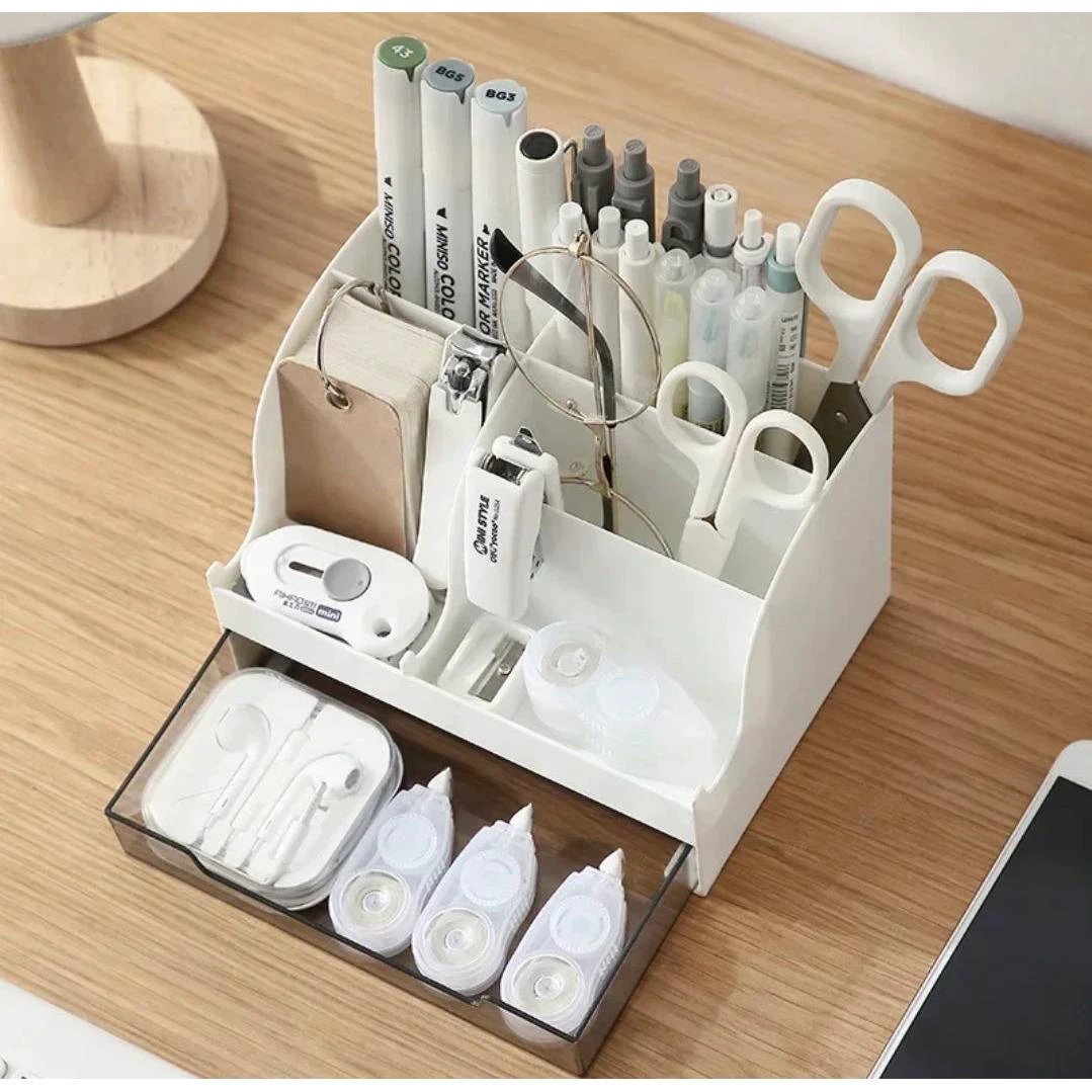Mini Desk Organizer Accessories with Pen Holder and Drawer Compact Desk Storage Solution, 17cm x 12cm x 11cm Office Storage Desktop Organizers
