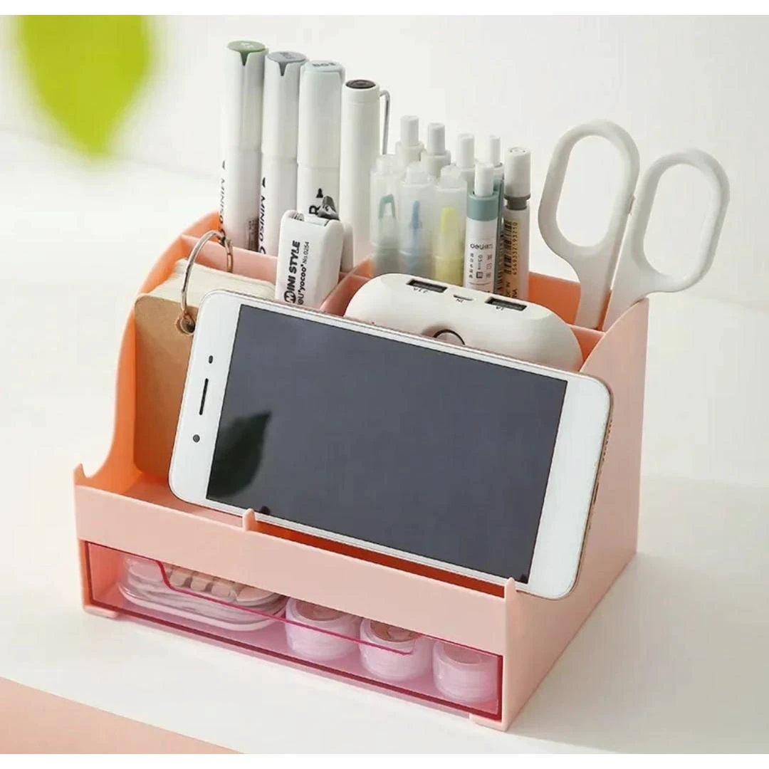 Mini Desk Organizer Accessories with Pen Holder and Drawer Compact Desk Storage Solution, 17cm x 12cm x 11cm Office Storage Desktop Organizers