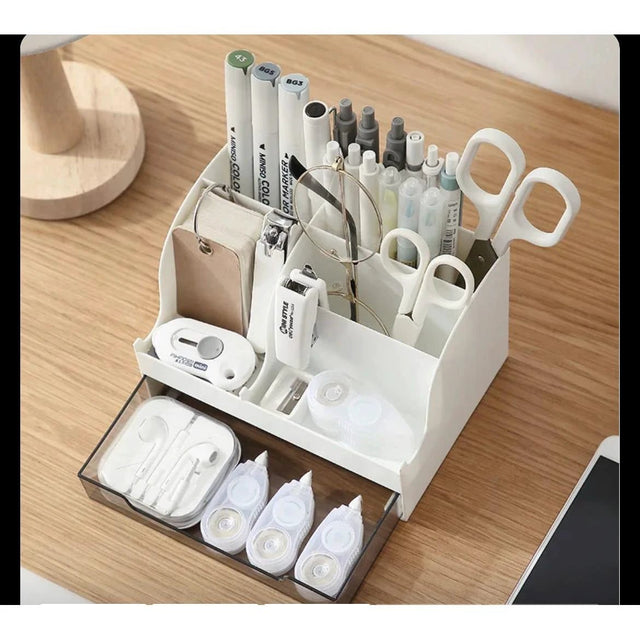 Mini Desk Organizer Accessories with Pen Holder and Drawer Compact Desk Storage Solution, 17cm x 12cm x 11cm Office Storage Desktop Organizers
