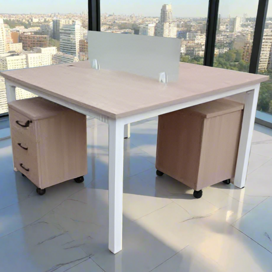 Modern 2 Person Office Workstation Desk with Storage & Privacy Panel