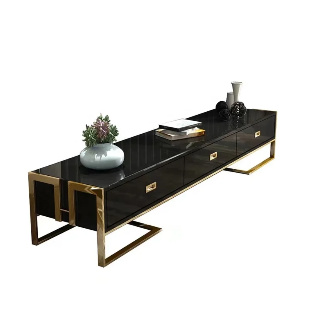Modern Black Glass TV Stand with Gold Frame and 2sides Storage Drawers Living Room Furniture Sets
