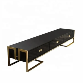 Modern Black Glass TV Stand with Gold Frame and 2sides Storage Drawers Living Room Furniture Sets
