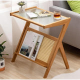 Modern Boho Japanese Solid Bamboo Side Table with Glass Top