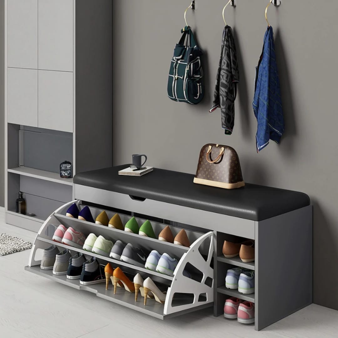Modern Bucket Flip Shoe Cabinet with Cushioned Seat and 3 Layer Storage 100x51x30cm
