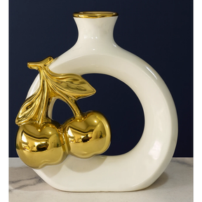 Modern Ceramic Vase with Golden Cherry and Leaf Design – Open Circle Shape Decor Decor